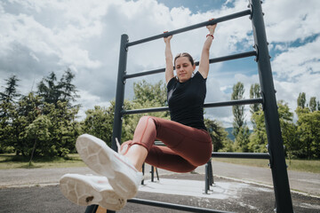 Determined young woman exercising on an outdoor pull-up bar, performing leg raises in a park...