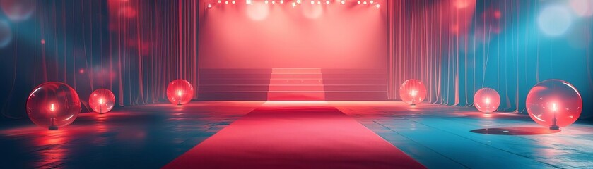 Obraz premium Red carpet with spotlight and bokeh lights in the background.
