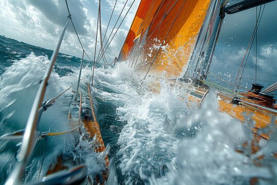 High energy shot of a sailboat crashing through intense waves, embodying the thrill of competitive sailing