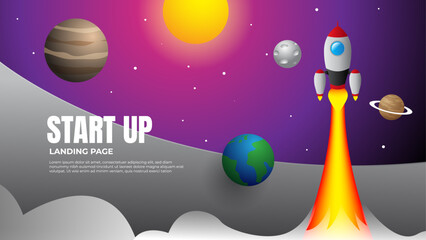 Fototapeta premium illustration of rocket flying in space with planets and sun. start up landing page concept. start up presentation design.