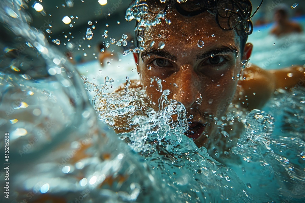 Poster dynamic water action shot is obscured by a blur, focusing on the motion and splashes in a pool envir