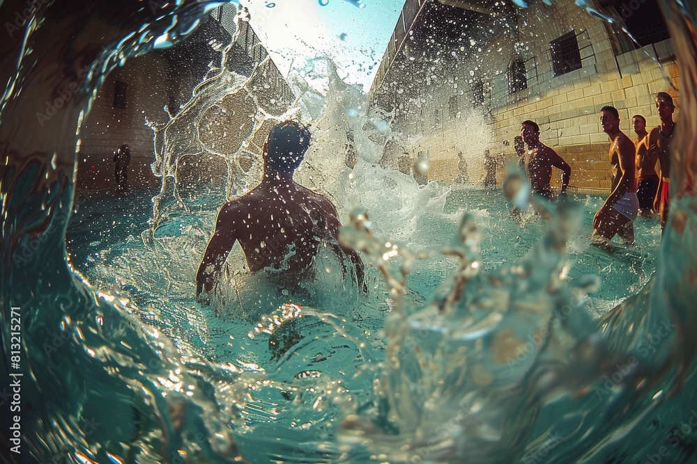 Poster swimmers creating dynamic splashes in water captured in a powerful and energetic moment