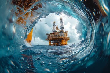 A unique perspective through a wave's barrel creates a circular frame around an oil rig, combining nature with industrial imagery