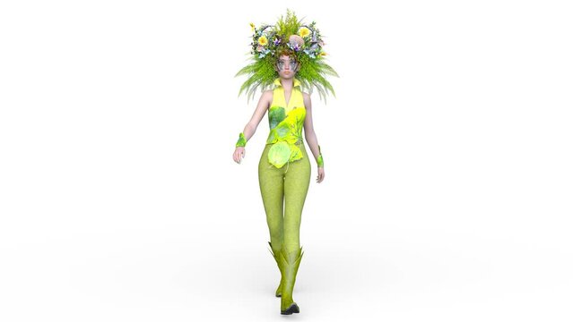 歩く花冠を付けた妖精　3DCGレンダリング