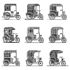 set of rickshaw vector designs, auto, auto rickshaw, baby taxi, pigeon, bajaj, lapa, tum-tum, 3wheel, easy bike, past, rickshaw india, rickshaw bangladesh, old, nostalgia, move, model, isolated