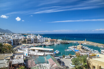 view of Kyrenia (Girne) old harbour on the northern coast of Cyprus. Kyrenia seaside of Mediterranean Sea, Cyprus. Famous places and travel destination of Northern Cyprus