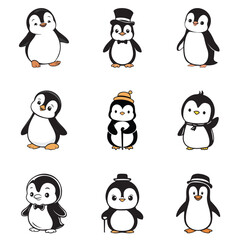 set of penguin vector designs, penguin logo, penguin cartoon, penguin vector, penguin, icon, ice, happy, graphic, flat, element, drawing, design, decoration, cute, concept, cold, character, cartoon