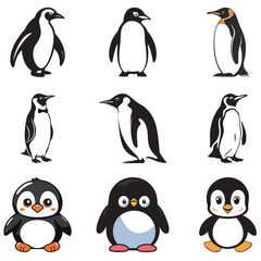 set of penguin vector designs, penguin logo, penguin cartoon, penguin vector, penguin, icon, ice, happy, graphic, flat, element, drawing, design, decoration, cute, concept, cold, character, cartoon