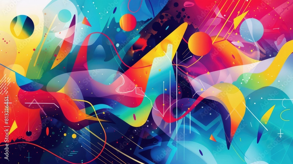 Poster an abstract painting with bright and saturated colors. the painting has a dynamic composition and a 