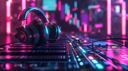 dj headphones and sound mixer in neonlit club music and nightlife concept digital illustration