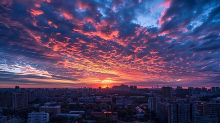 Fototapeta premium dramatic sunset sky with vibrant orange and red hues over a bustling city skyline cityscape photography