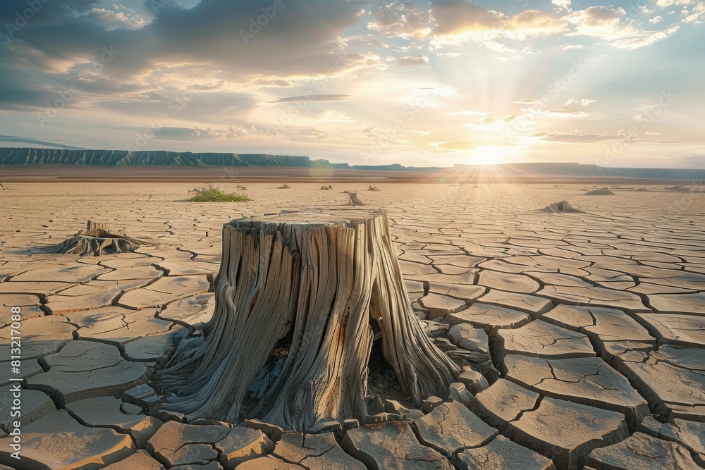 Poster stump from felled tree in drought concept. record summer heat. background of the consequences of env