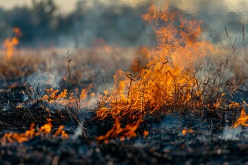 A field of dry grass is on fire