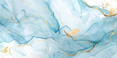Fototapeta premium Marble blue gold. Abstract blue and white marble background with golden lines, liquid art painting in the style of watercolor