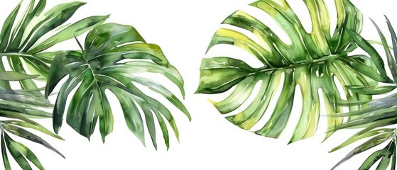 palm tree leafs watercolor, white background