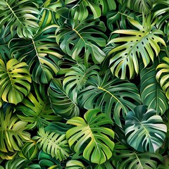 tropical monstera leaves forest pattern background
