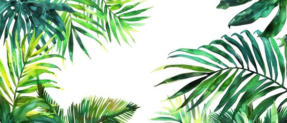 palm tree leafs watercolor, white background