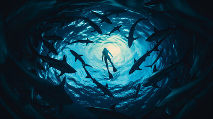 underwater silhouette shot of sharks circling swimmer, female diver among sharks