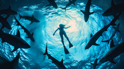 underwater silhouette shot of sharks circling swimmer, female diver among sharks