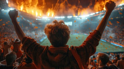 Rear view of a football fan with raised hands at the stadium