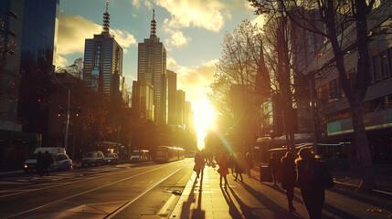 People Walking Down a City Street at Sunset