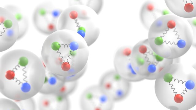 quarks subatomic particles 3d representation. Can be used to represent quantum physics particles, cern hadron collider or a particle accelerator fermion matter
