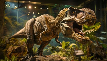 Illustrate a museum exhibit featuring lifelike dinosaur replicas alongside genuine fossils,...