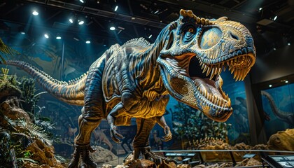 Illustrate a museum exhibit featuring lifelike dinosaur replicas alongside genuine fossils,...