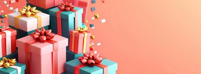 christmas gifts, presents stacked, color background