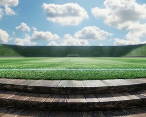 The image shows a lush green soccer field with a blue sky and white clouds in the background. The field is surrounded by a wooden fence.