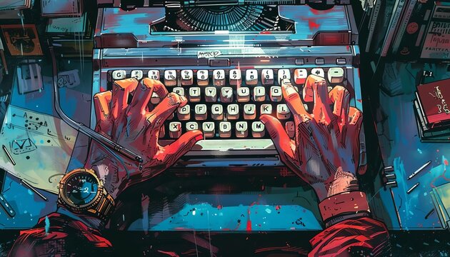 Illustrate a screenwriter typing furiously at a keyboard, crafting dialogue and plot twists that will captivate audiences around the world