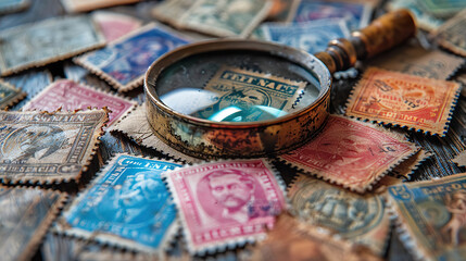 A magnifying glass is used to look at a pile of old stamps. Generated by AI
