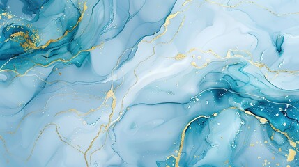 Marble blue gold. Abstract blue and white marble background with golden lines, liquid art painting in the style of watercolor