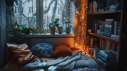 cozy reading nook with twinkling lights and stacks of books embodying tranquility comfort and hygge vibes lifestyle photography