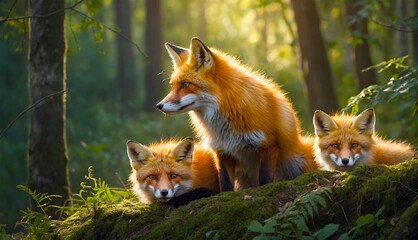 Naklejka na ściany i meble Fox Red Baby Mom Cubs Forest Trees Animal