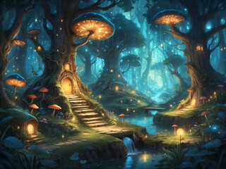 Fantasy unreal forest with magical creatures trees fireflies like in fairy tales of our childhood