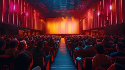 Cinema auditorium with rows of seats and curtains, mockup sinema screen