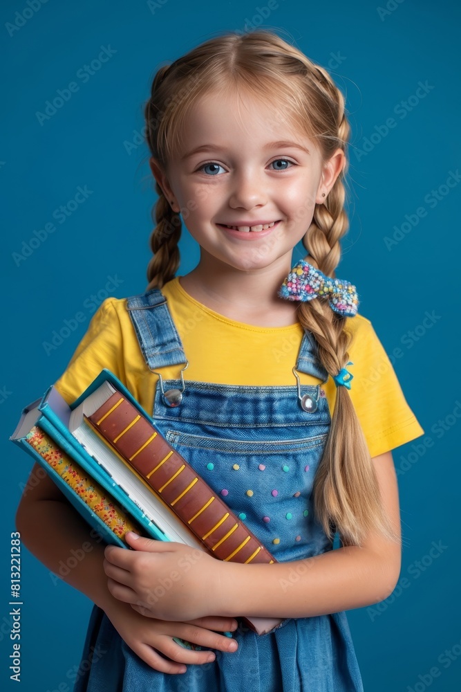Poster smiling girl with books on gradient backdrop offering ample space for text placement