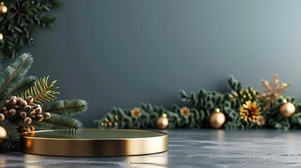 festive christmas podium display with gold pedestal and green pine branch 3d abstract illustration