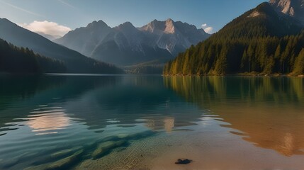 Summer Sunrise on Eibsee Lake with Zugspitze Mountain Range,alpine lake, mountain sunrise, scenic landscape, European travel, natural beauty