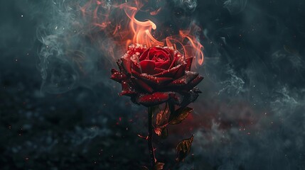 flaming red rose engulfed in smoke and ashes fantasy surreal abstract concept