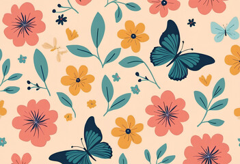 Abstract seamless pattern with butterflies flowers and summer leaves