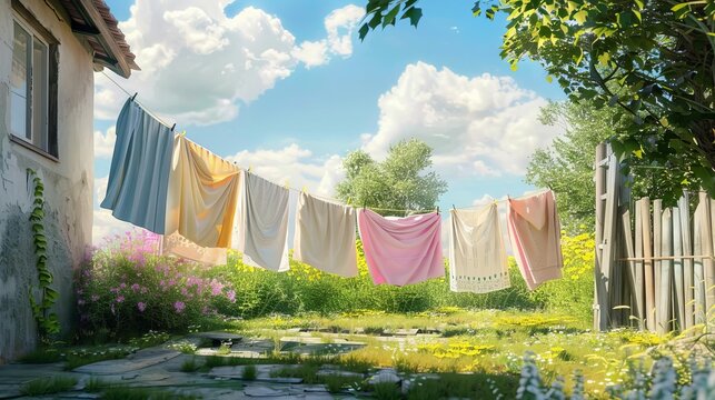fresh laundry drying outdoors on clothesline sunny day in countryside backyard realistic digital painting