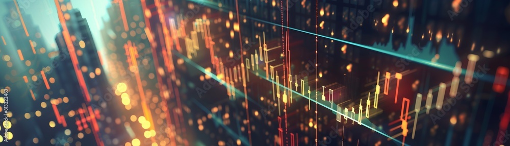 Poster a city skyline with a large screen displaying a graph of stock prices