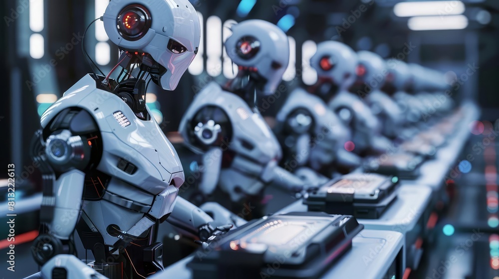 Poster futuristic robot assembly line in a hightech factory aigenerated 3d illustration