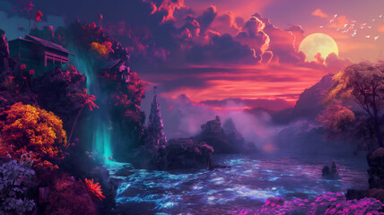 Enchanting fantasy landscape with vibrant colors, featuring a glowing waterfall, mystical trees, and a surreal sunset over water.