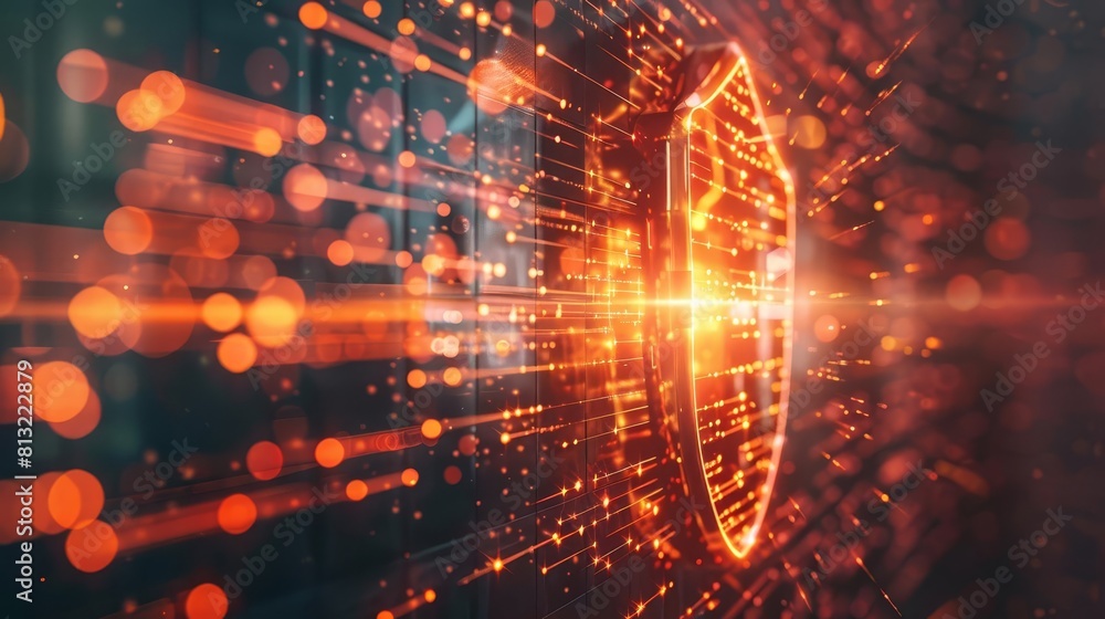Poster futuristic visualization of a firewall as a glowing shield deflecting digital attacks technology con