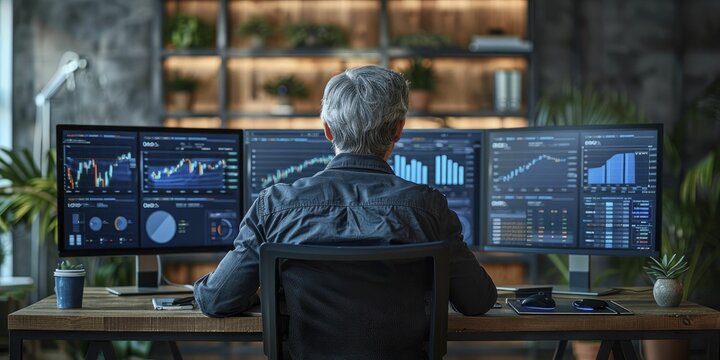 Cognitive Investment Strategies, Business office setting with dual monitors displaying stock predictions influenced by AI.