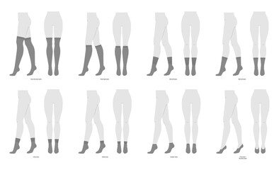 Set of socks length - low cut, high low ankle, crew, mid calf, knee high, over knee, thigh high. Fashion accessory clothing technical illustration stocking. Vector front, side view style flat template