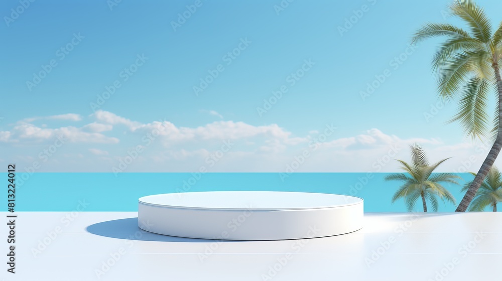 Poster a white round stage is set up on a beach with palm trees in the background